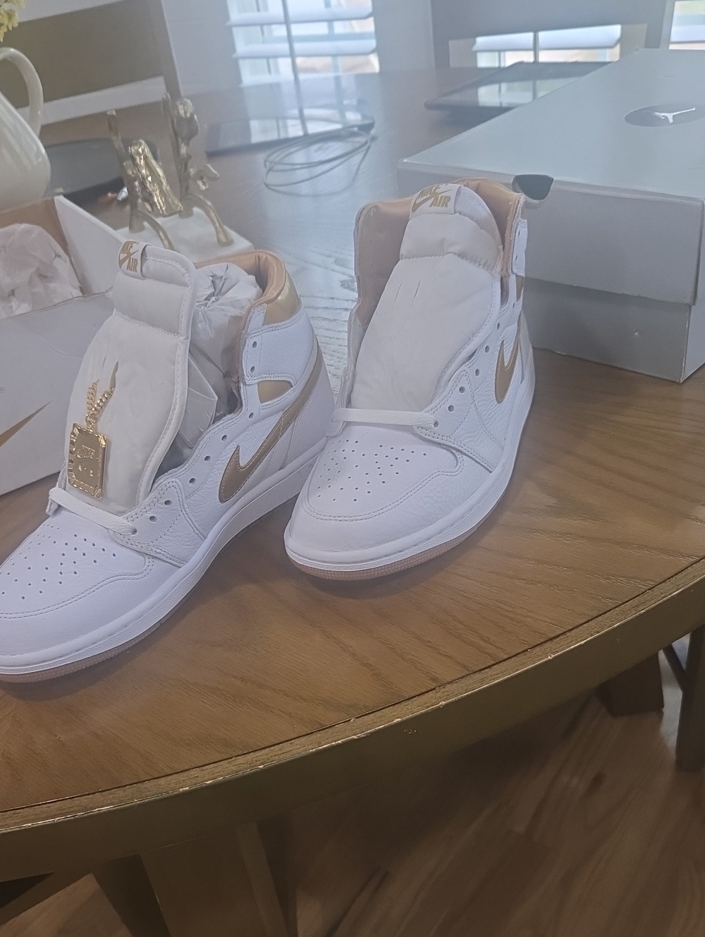 Nike White and Metallic Gold High-Top Sneakers